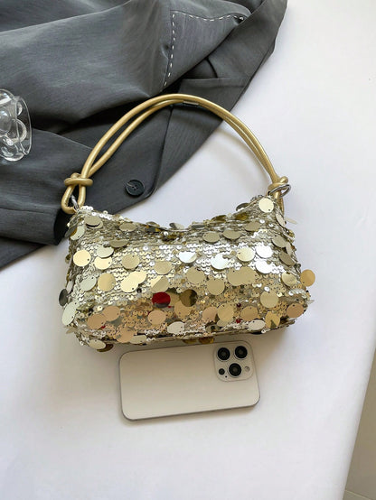 1pc Gold-Tone Glittery Crescent Moon Shape PVC Shoulder Bag For Women