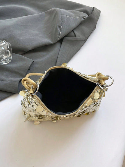 1pc Gold-Tone Glittery Crescent Moon Shape PVC Shoulder Bag For Women