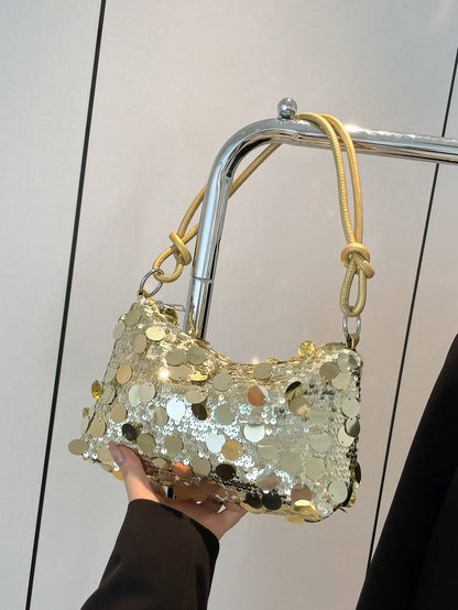 1pc Gold-Tone Glittery Crescent Moon Shape PVC Shoulder Bag For Women