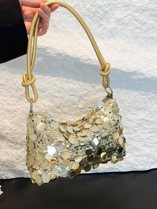 1pc Gold-Tone Glittery Crescent Moon Shape PVC Shoulder Bag For Women