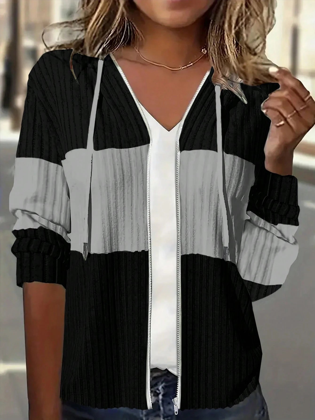 INAWLY Women's Spring And Autumn Casual Color Blocking Drawstring Hooded Jacket Fall Winter Cloth For Women