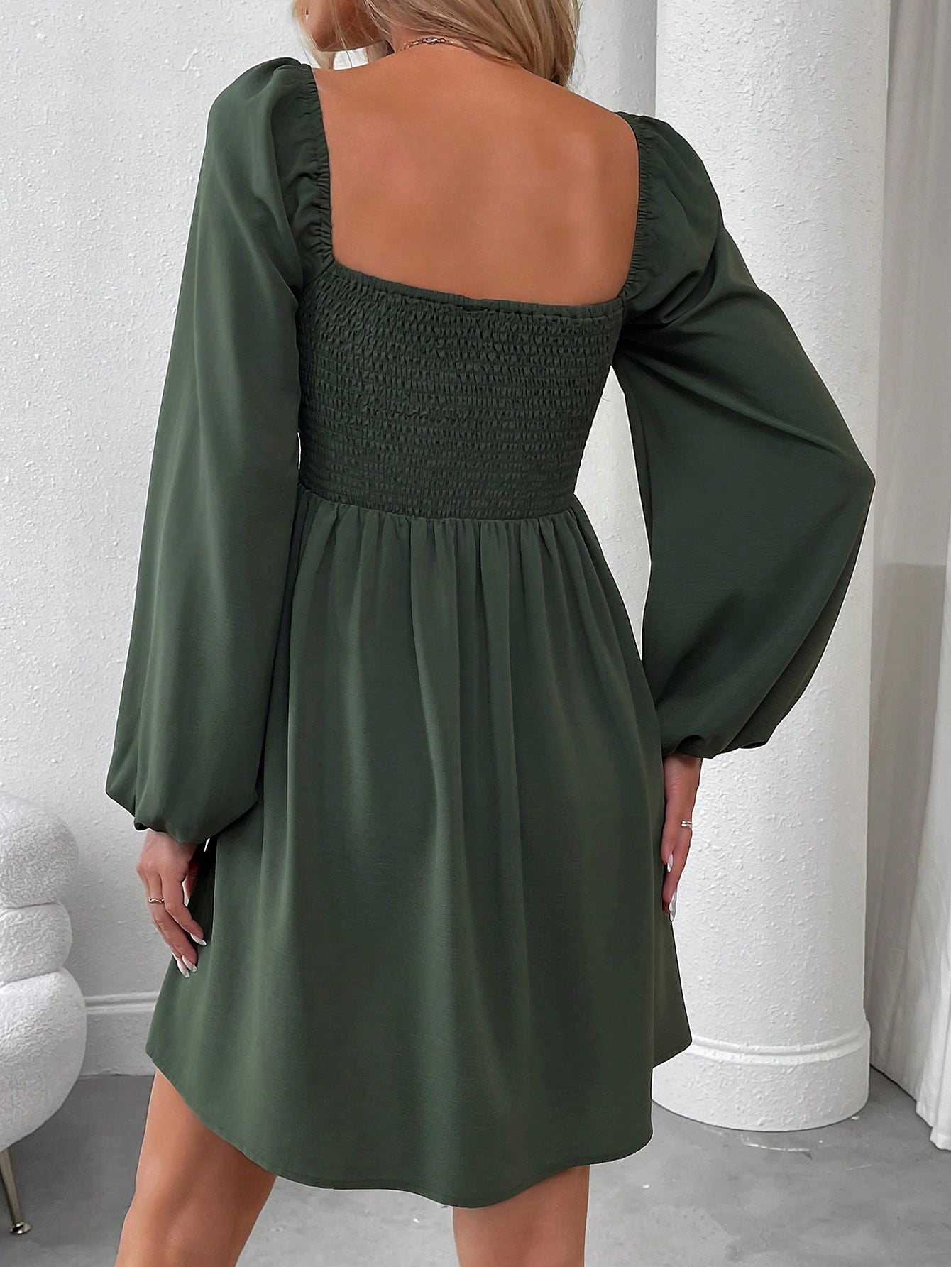 SHEIN LUNE Women Casual Solid Color Lantern Sleeve Smocked Waist Dress, Autumn Fall Cloth For Women