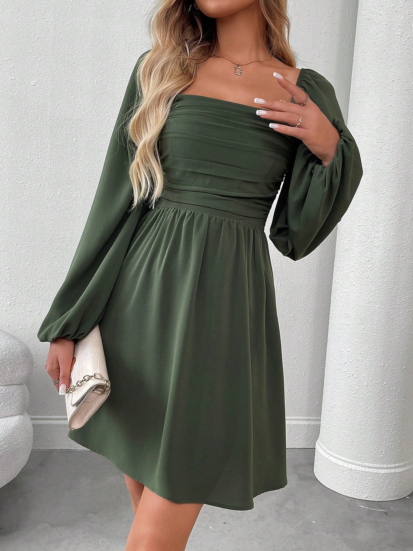 SHEIN LUNE Women Casual Solid Color Lantern Sleeve Smocked Waist Dress, Autumn Fall Cloth For Women