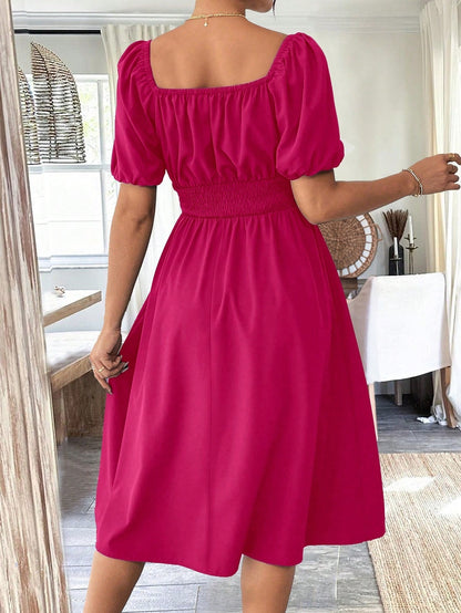 Chiquease 1pc Women Square Collar Puff Sleeve Cinched Waist Palazzo Green Dress, Spring/Summer