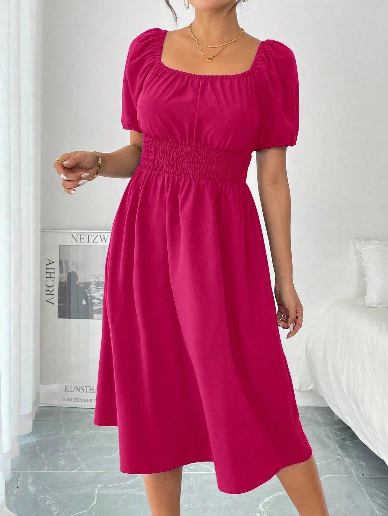 Chiquease 1pc Women Square Collar Puff Sleeve Cinched Waist Palazzo Green Dress, Spring/Summer