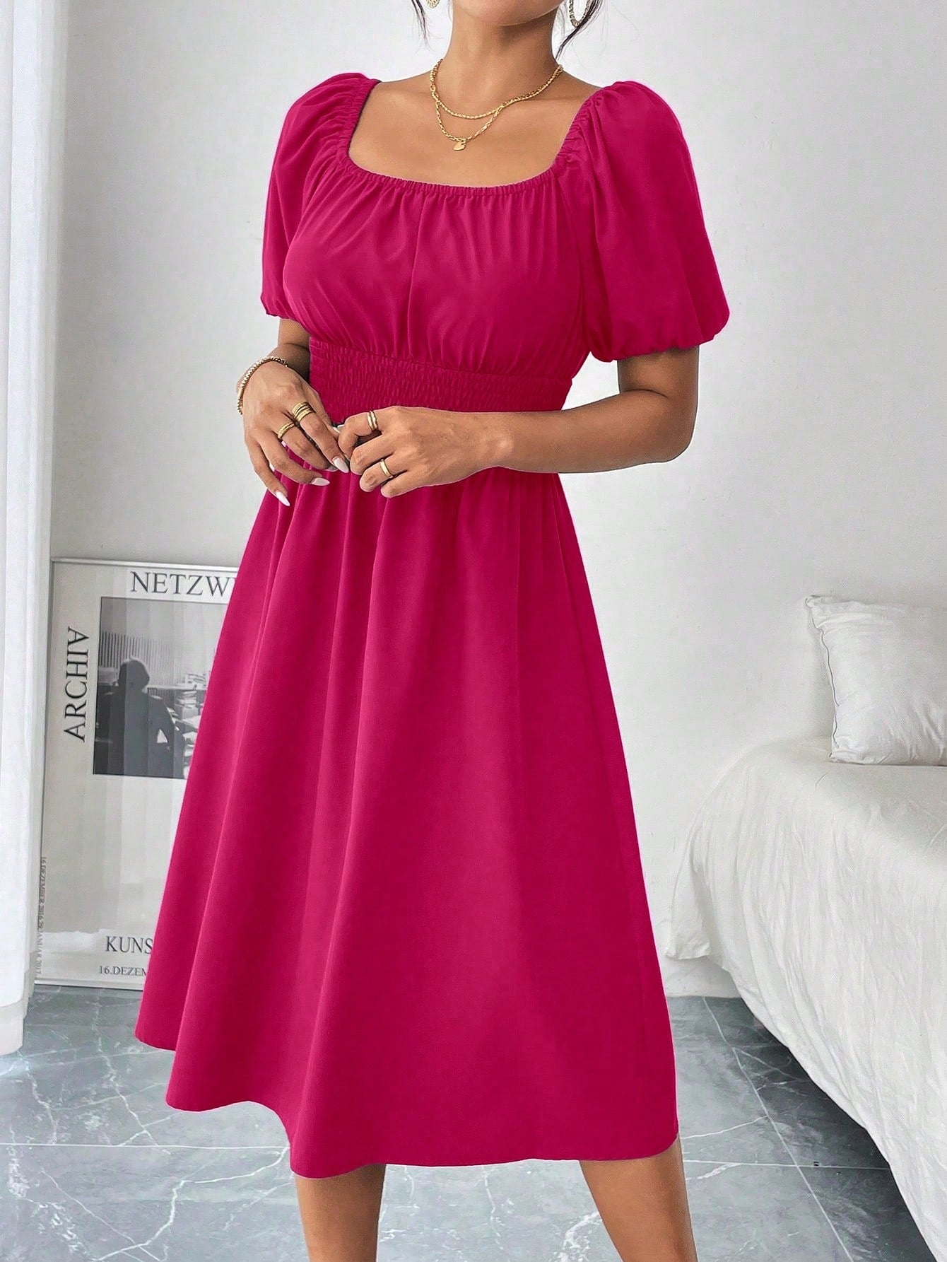 Chiquease 1pc Women Square Collar Puff Sleeve Cinched Waist Palazzo Green Dress, Spring/Summer