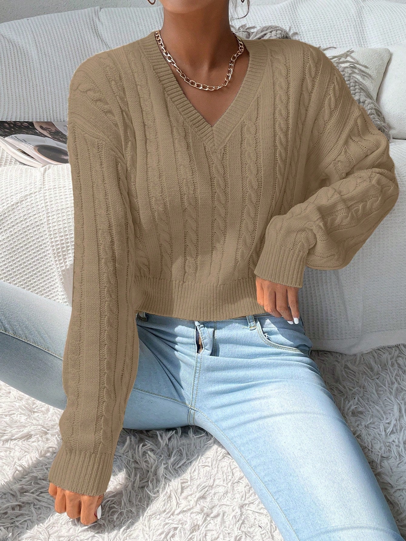 Chiquease V-Neck Cable Knit Sweater,Long Sleeve Tops Knit Pullover Fall Winter Outfit