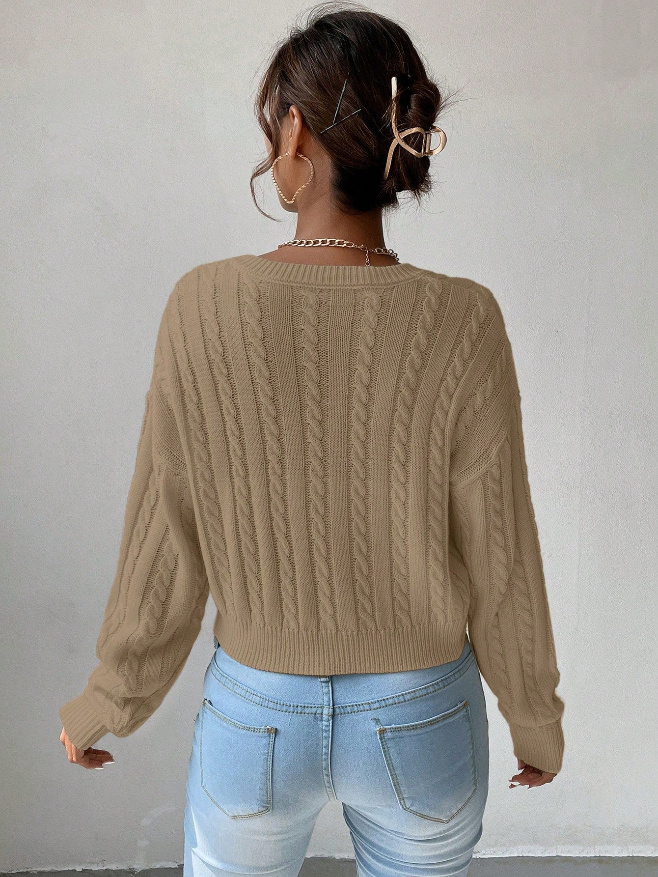 Chiquease V-Neck Cable Knit Sweater,Long Sleeve Tops Knit Pullover Fall Winter Outfit