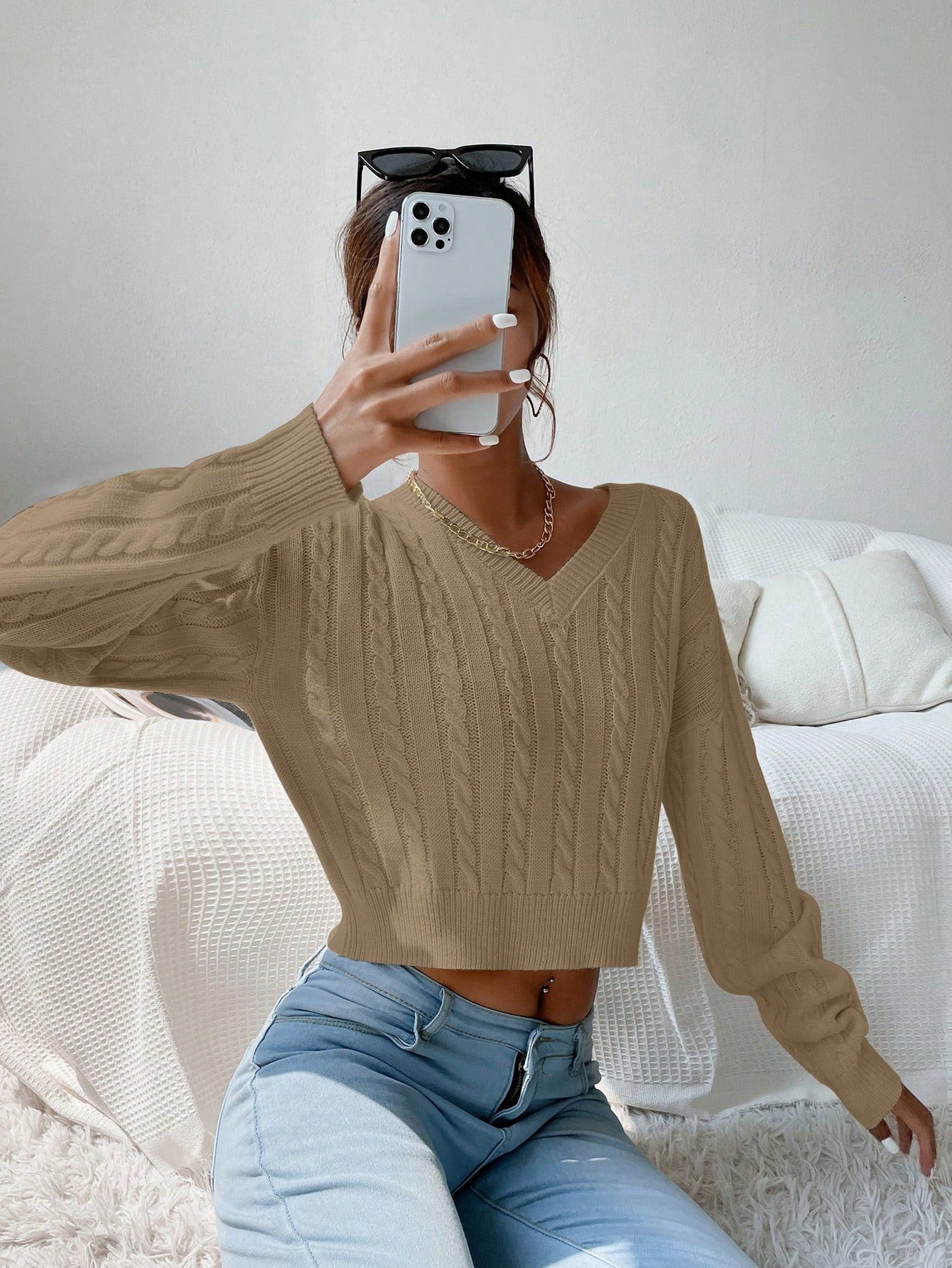 Chiquease V-Neck Cable Knit Sweater,Long Sleeve Tops Knit Pullover Fall Winter Outfit