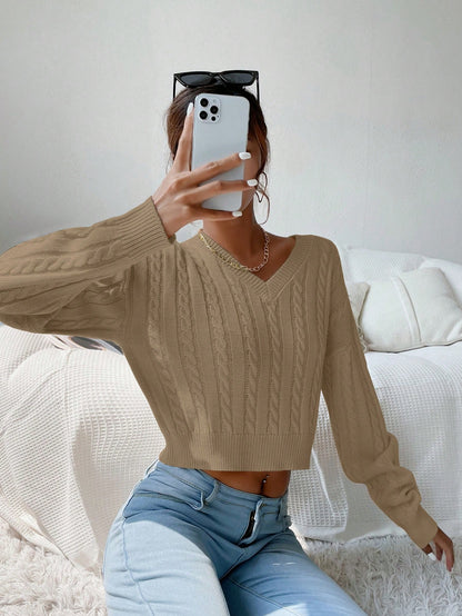 Chiquease V-Neck Cable Knit Sweater,Long Sleeve Tops Knit Pullover Fall Winter Outfit