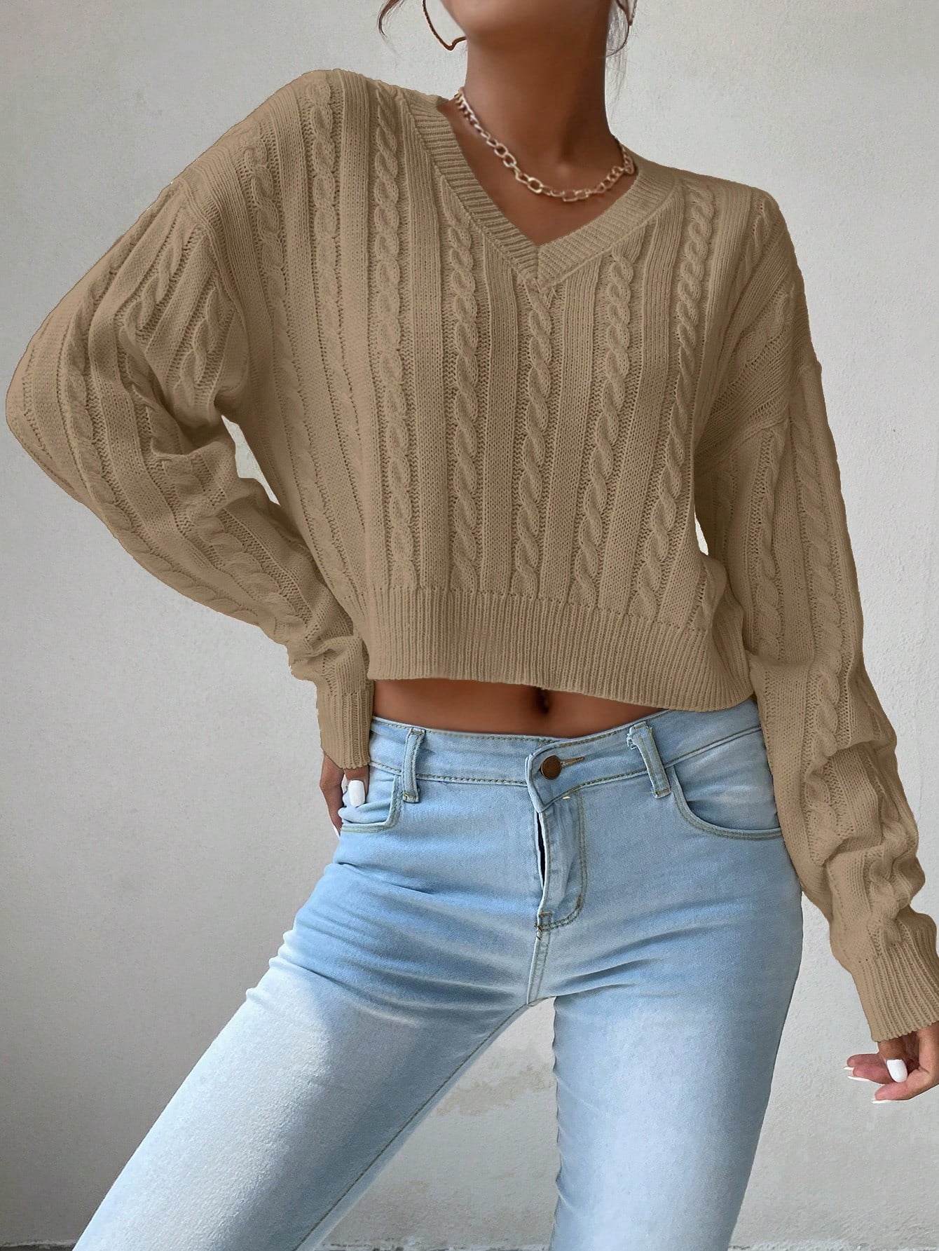 Chiquease V-Neck Cable Knit Sweater,Long Sleeve Tops Knit Pullover Fall Winter Outfit