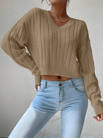 Chiquease V-Neck Cable Knit Sweater,Long Sleeve Tops Knit Pullover Fall Winter Outfit