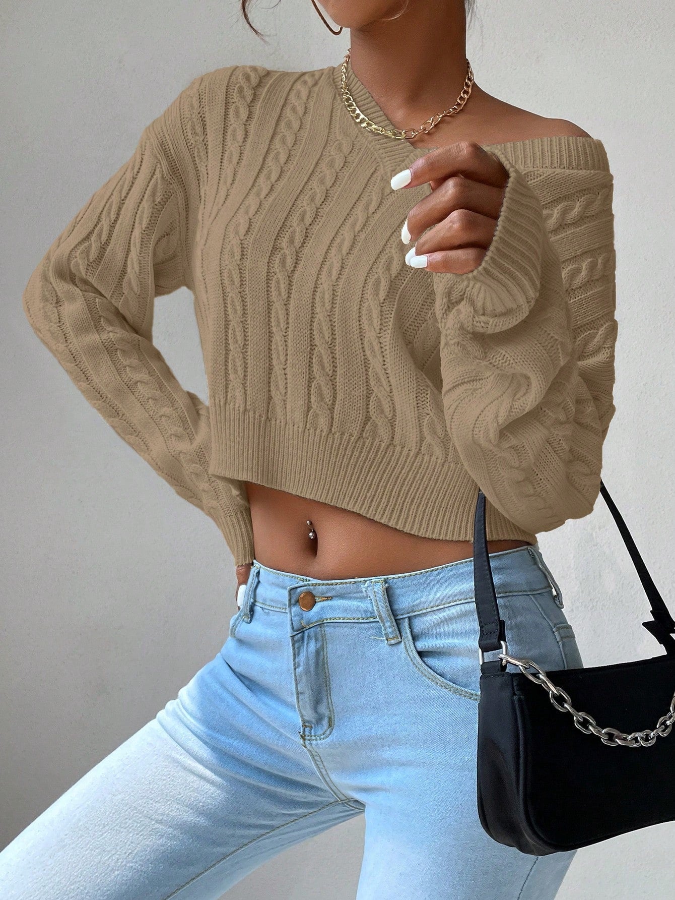 Chiquease V-Neck Cable Knit Sweater,Long Sleeve Tops Knit Pullover Fall Winter Outfit