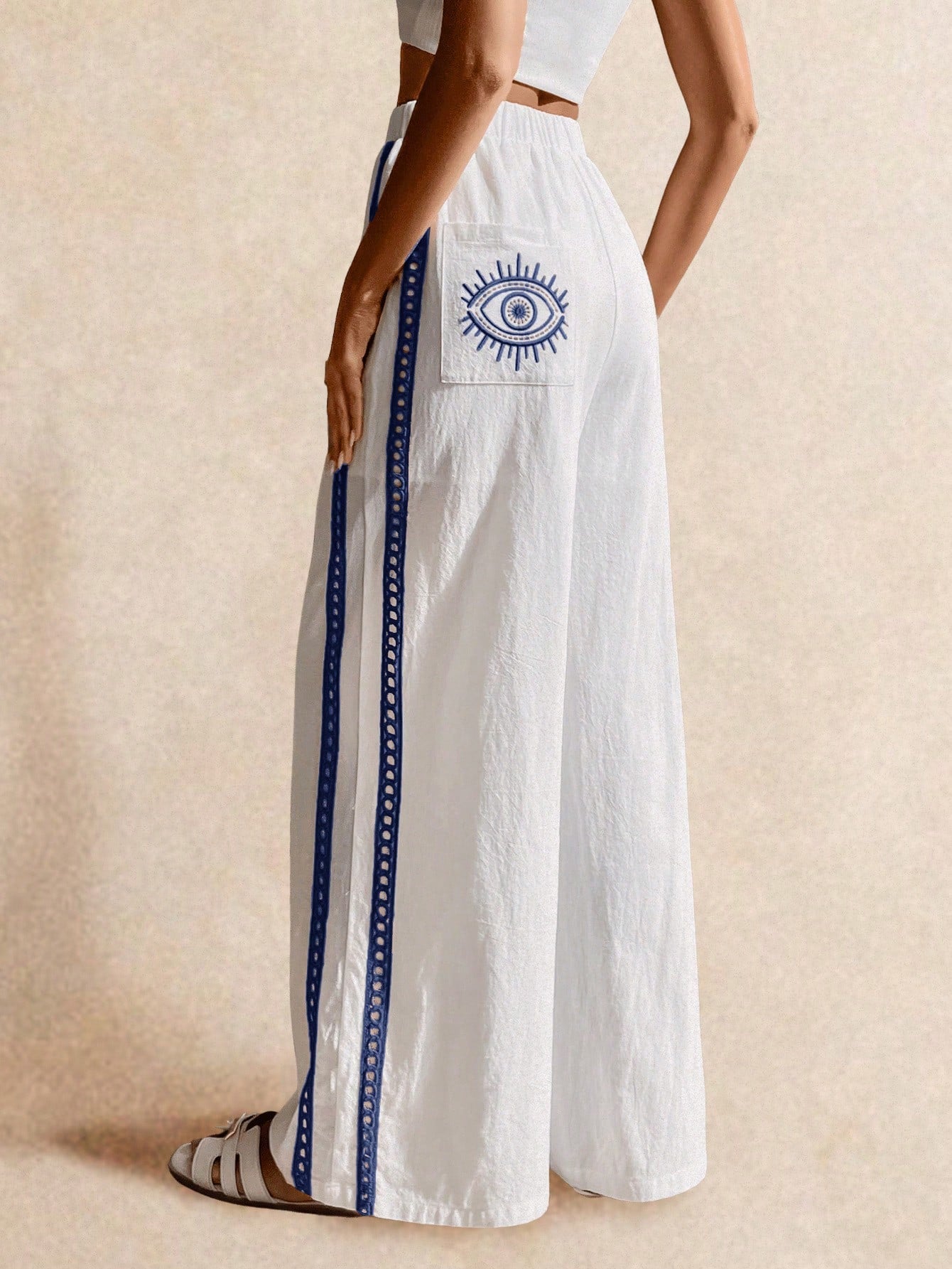 Poéselle Women's Wide Leg Loose Casual Pants With Sun Embroidered Pockets,Vacation Outfits Woman,Beach Vacation,Embroidered Pants,Summer Outfits For Women Vacation Outfits Women Resort Wear