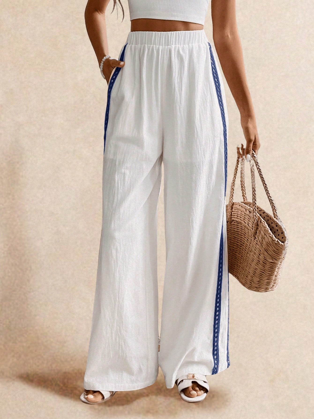 Poéselle Women's Wide Leg Loose Casual Pants With Sun Embroidered Pockets,Vacation Outfits Woman,Beach Vacation,Embroidered Pants,Summer Outfits For Women Vacation Outfits Women Resort Wear