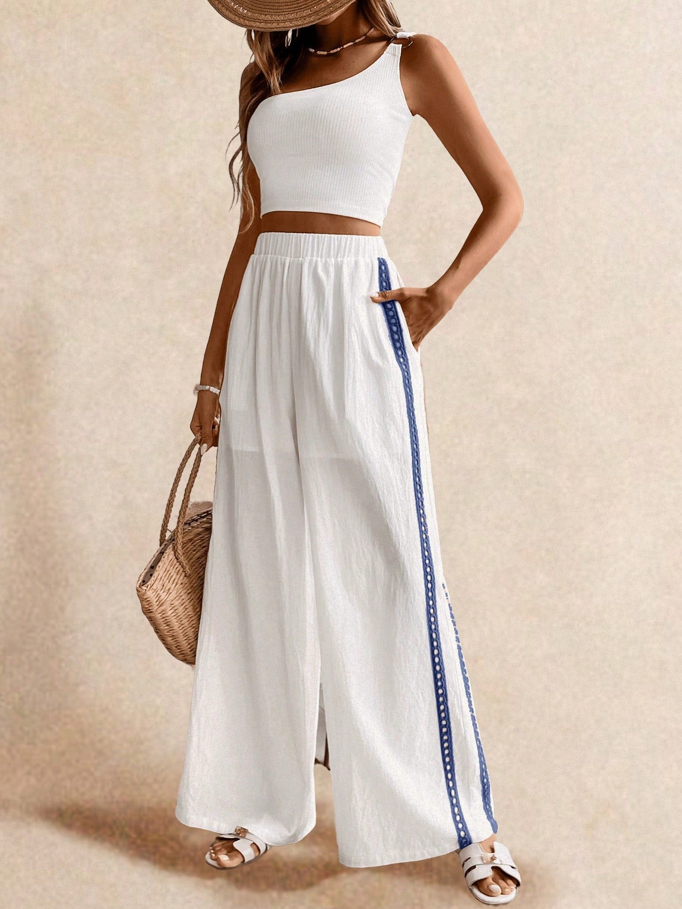 Poéselle Women's Wide Leg Loose Casual Pants With Sun Embroidered Pockets,Vacation Outfits Woman,Beach Vacation,Embroidered Pants,Summer Outfits For Women Vacation Outfits Women Resort Wear