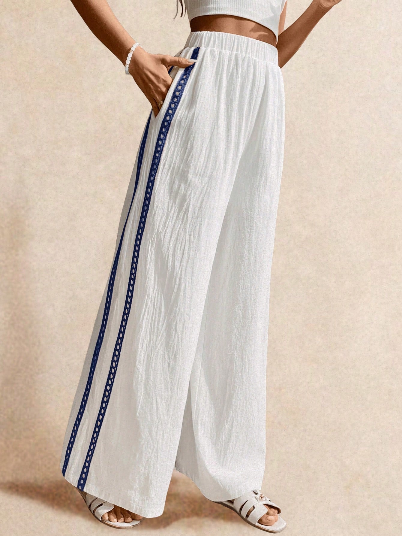 Poéselle Women's Wide Leg Loose Casual Pants With Sun Embroidered Pockets,Vacation Outfits Woman,Beach Vacation,Embroidered Pants,Summer Outfits For Women Vacation Outfits Women Resort Wear