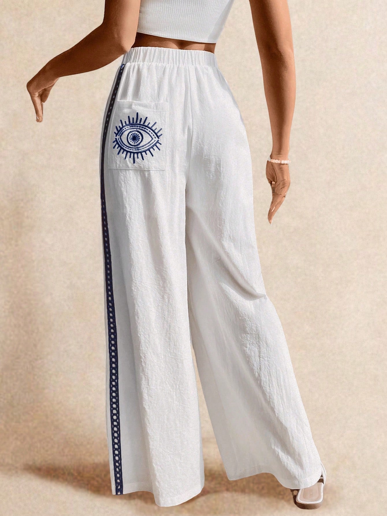 Poéselle Women's Wide Leg Loose Casual Pants With Sun Embroidered Pockets,Vacation Outfits Woman,Beach Vacation,Embroidered Pants,Summer Outfits For Women Vacation Outfits Women Resort Wear