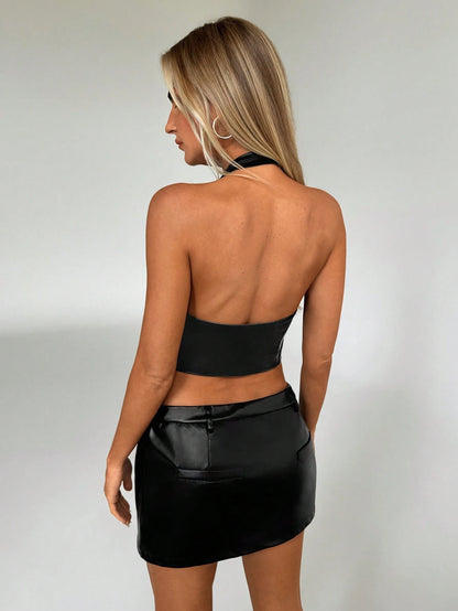 Aloruh Women Buckle Front Backless Crop PU Leather Halter Top