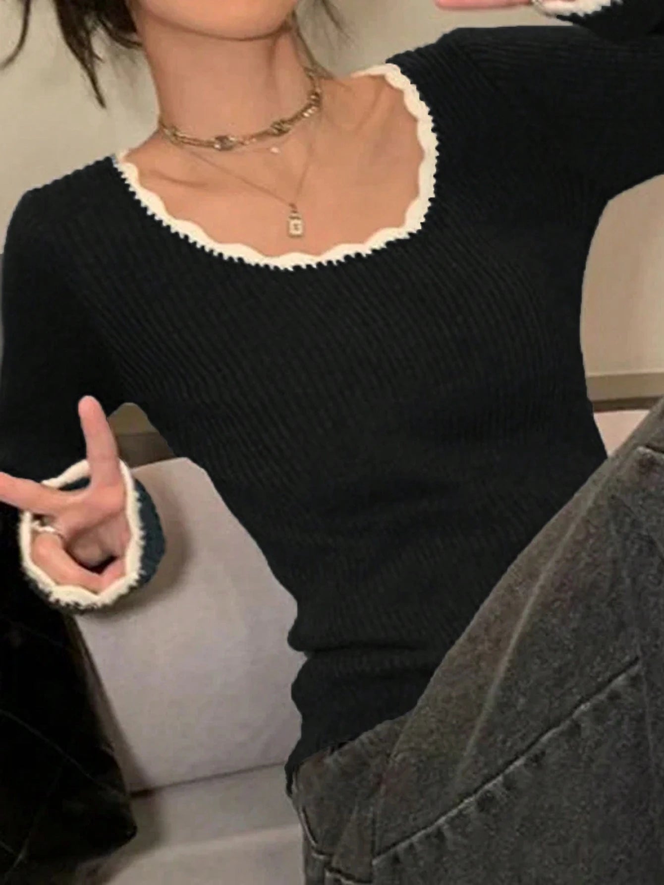 INAWLY Women's Colorblock Collar Casual Long Sleeve Sweater Knit Pullover Fall Winter Outfit