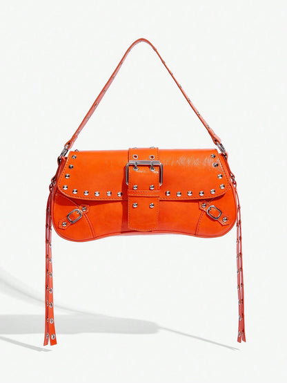 SHEIN X Lucía Bellido SHEIN SXY Fashionable Black Stud Shoulder Bag For Women, Versatile, Shopping Bag, Cool, Street Bag, Teenagers