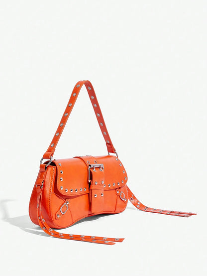 SHEIN X Lucía Bellido SHEIN SXY Fashionable Black Stud Shoulder Bag For Women, Versatile, Shopping Bag, Cool, Street Bag, Teenagers