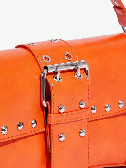 SHEIN X Lucía Bellido SHEIN SXY Fashionable Black Stud Shoulder Bag For Women, Versatile, Shopping Bag, Cool, Street Bag, Teenagers