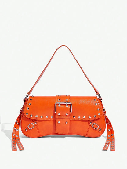 SHEIN X Lucía Bellido SHEIN SXY Fashionable Black Stud Shoulder Bag For Women, Versatile, Shopping Bag, Cool, Street Bag, Teenagers