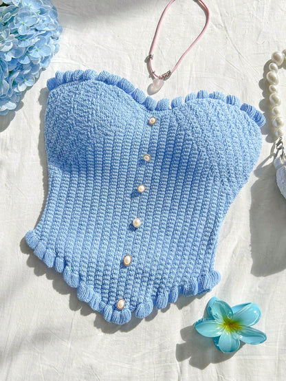 Soleia Women's Button Decor Fashion Casual Ruffle Hem Knitted Camisole Top,Going Out Top