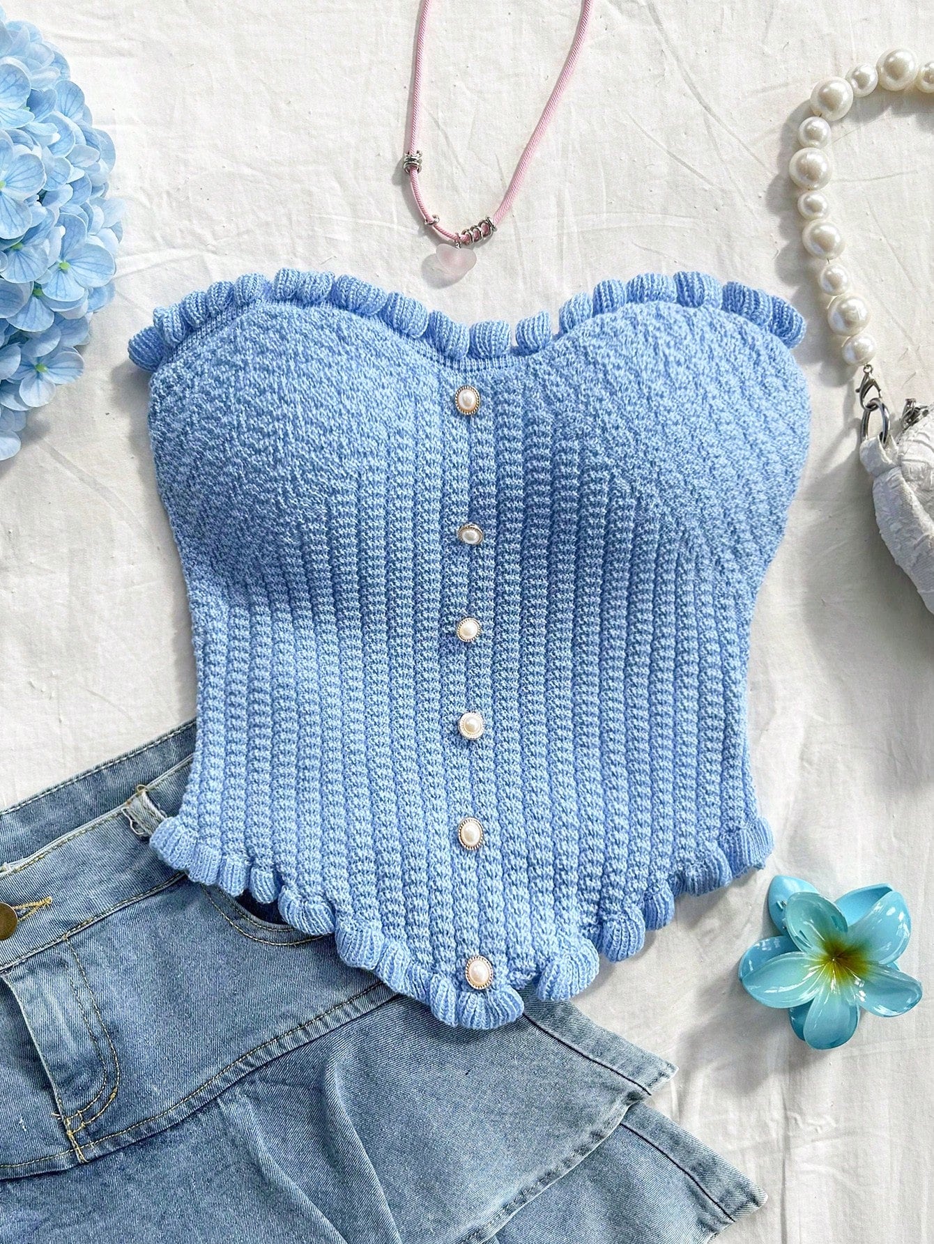 Soleia Women's Button Decor Fashion Casual Ruffle Hem Knitted Camisole Top,Going Out Top