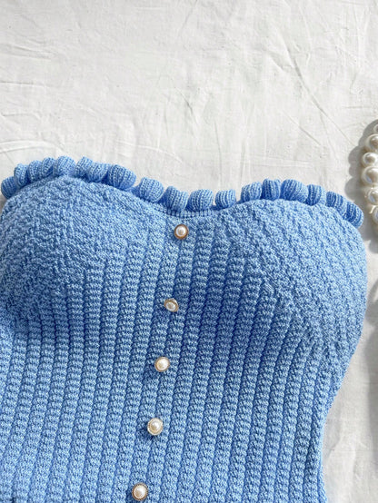 Soleia Women's Button Decor Fashion Casual Ruffle Hem Knitted Camisole Top,Going Out Top