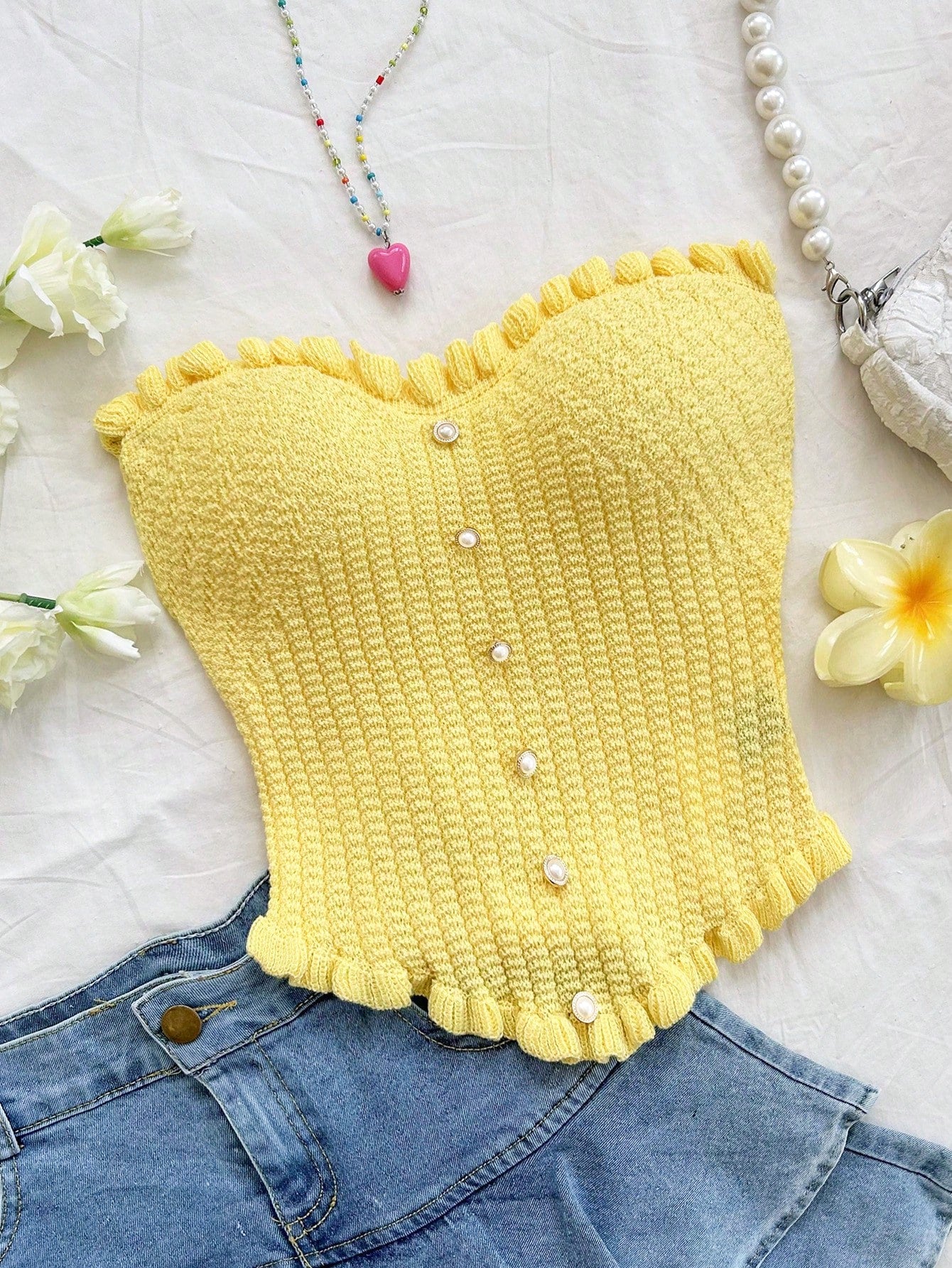 Soleia Women's Button Decor Fashion Casual Ruffle Hem Knitted Camisole Top,Going Out Top