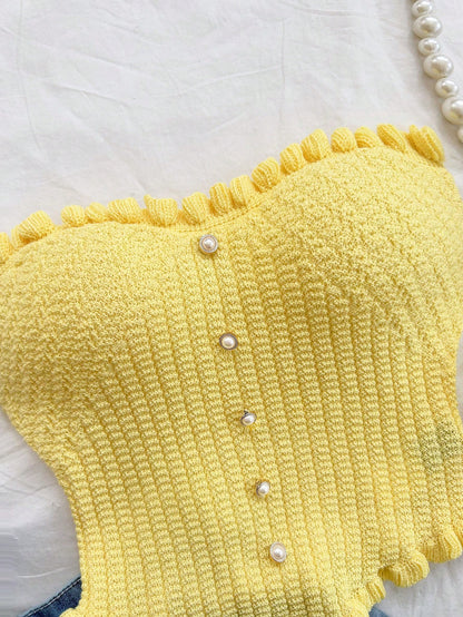 Soleia Women's Button Decor Fashion Casual Ruffle Hem Knitted Camisole Top,Going Out Top