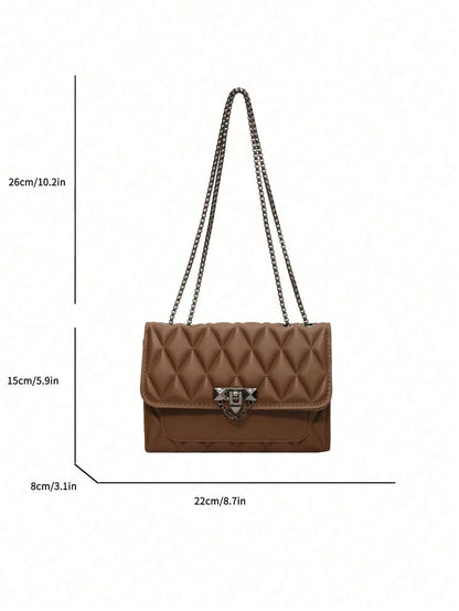 1pc Minimalist Fashion Indentation Diamond Shape Square Bag Lock Closure Flap Opening Metal Chain Shoulder Bag Suitable For Women's Daily Casual Use
