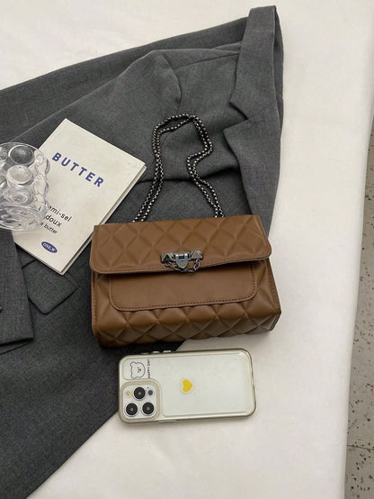 1pc Minimalist Fashion Indentation Diamond Shape Square Bag Lock Closure Flap Opening Metal Chain Shoulder Bag Suitable For Women's Daily Casual Use