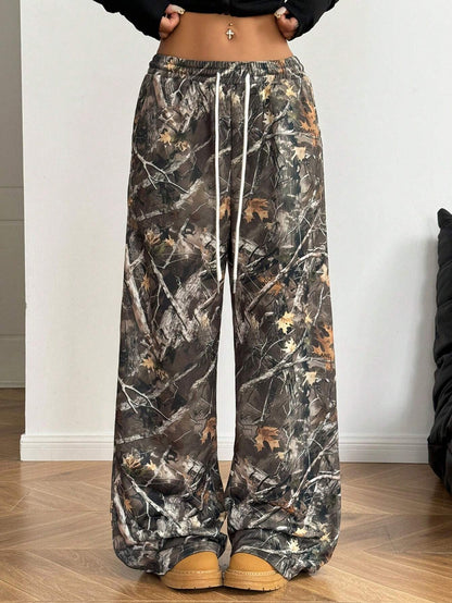 Coolane Women's Spring/Summer Casual Camo Print Drawstring Waist Wide Leg Pants