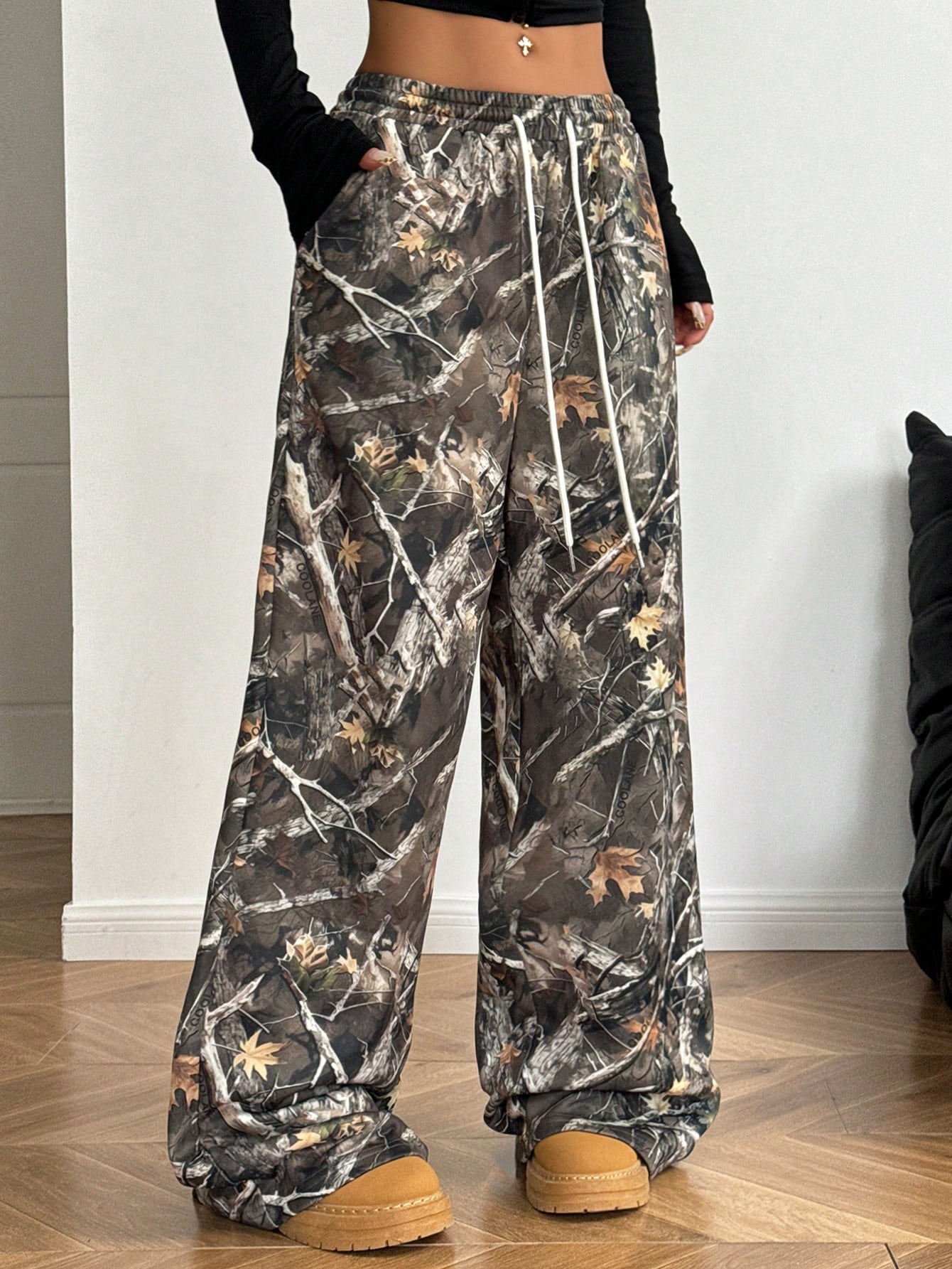Coolane Women's Spring/Summer Casual Camo Print Drawstring Waist Wide Leg Pants