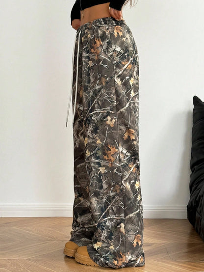 Coolane Women's Spring/Summer Casual Camo Print Drawstring Waist Wide Leg Pants