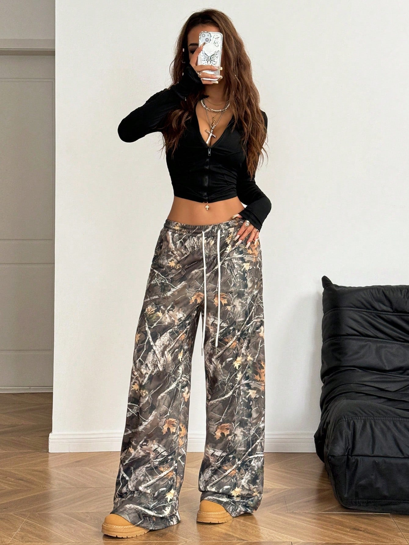 Coolane Women's Spring/Summer Casual Camo Print Drawstring Waist Wide Leg Pants