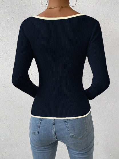 RosyDaze Contrast Binding Sweetheart Neck Ribbed Knit Sweater,Long Sleeve Tops Knit Pullover Fall Winter Outfit