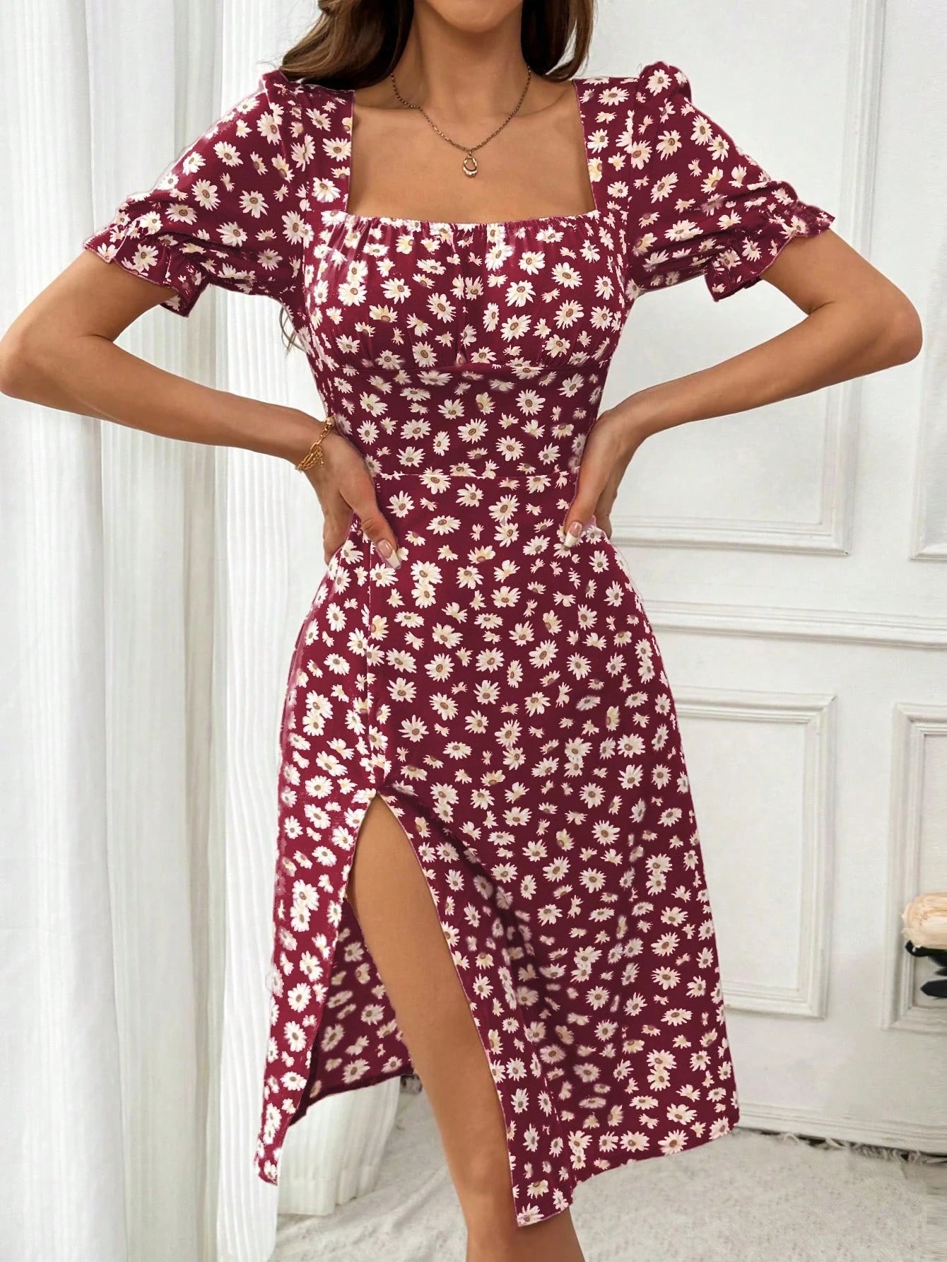 Breezaya Women's Random Printed Simple Daily Short-Sleeved Square Neck Dress Vacation Beach Outfit