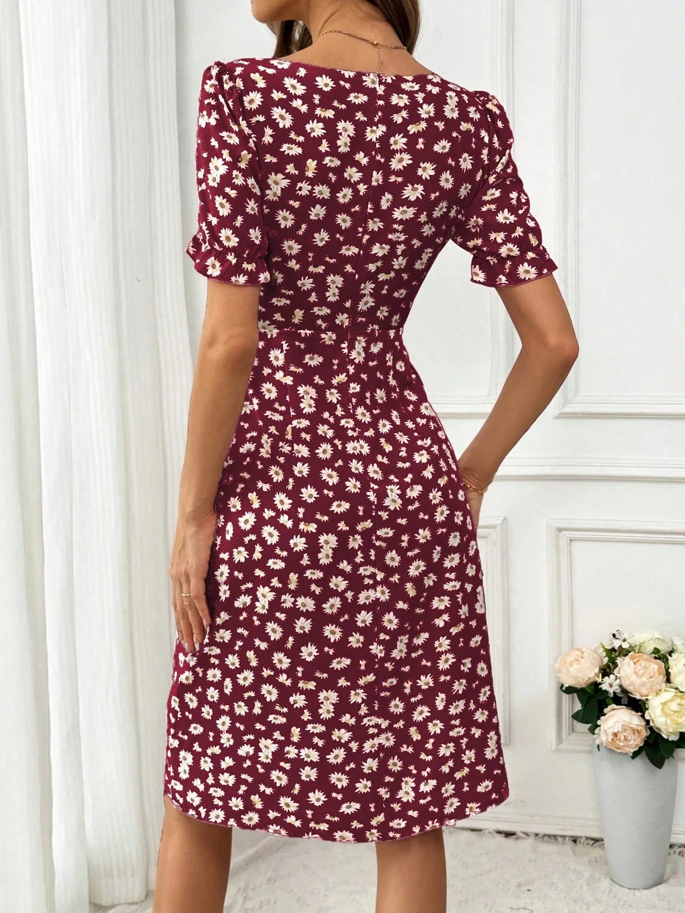 Breezaya Women's Random Printed Simple Daily Short-Sleeved Square Neck Dress Vacation Beach Outfit