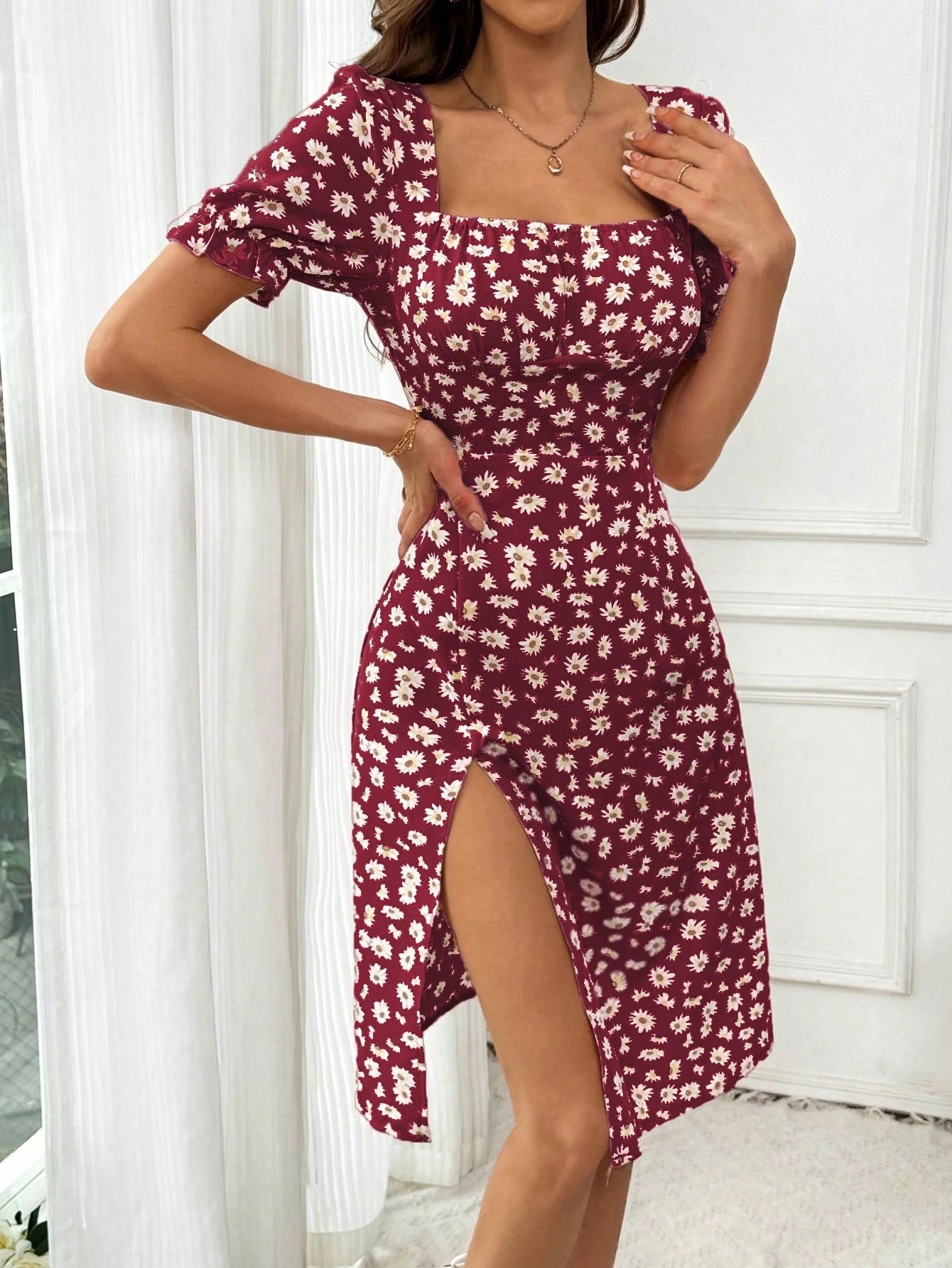 Breezaya Women's Random Printed Simple Daily Short-Sleeved Square Neck Dress Vacation Beach Outfit