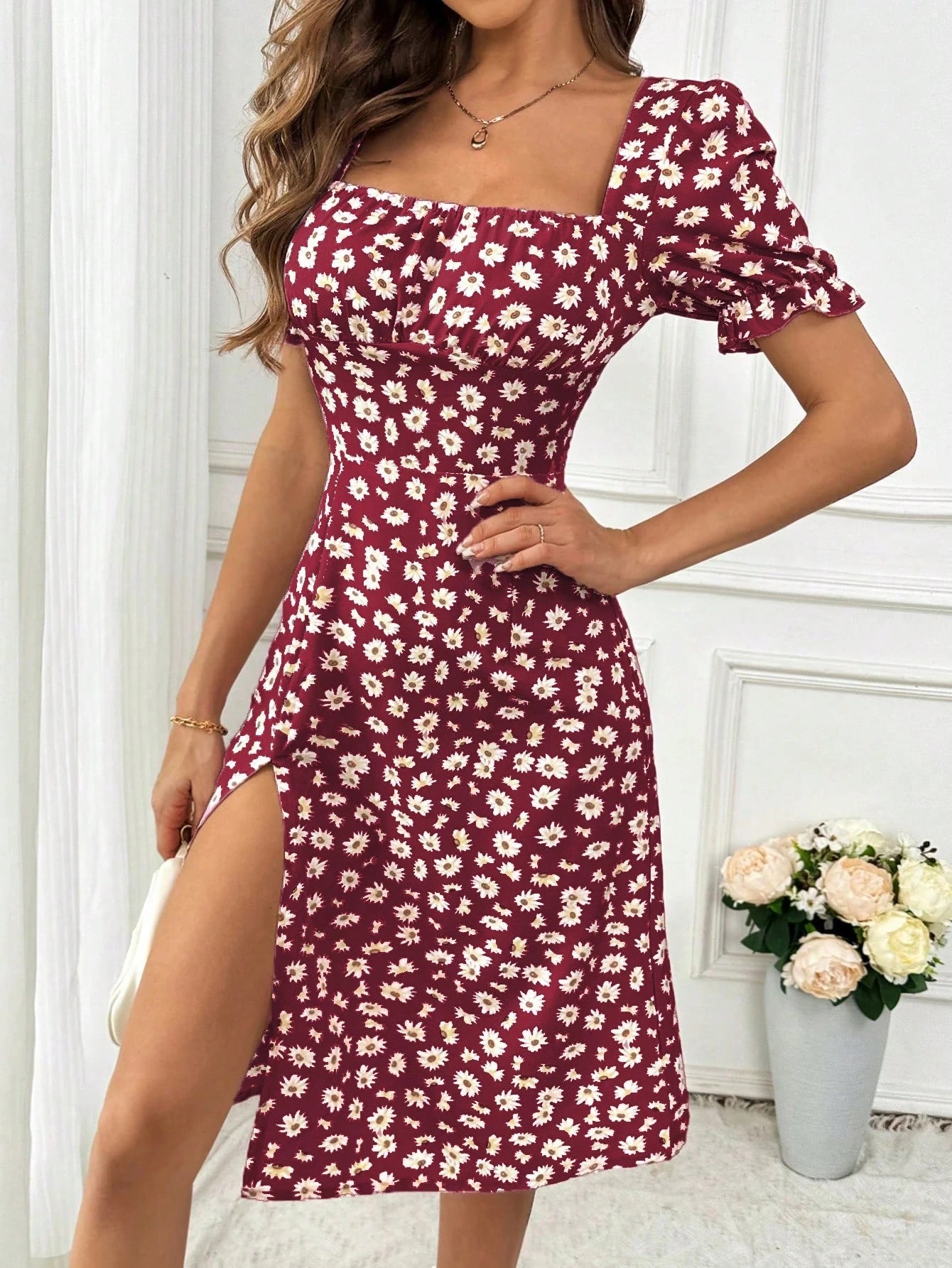 Breezaya Women's Random Printed Simple Daily Short-Sleeved Square Neck Dress Vacation Beach Outfit