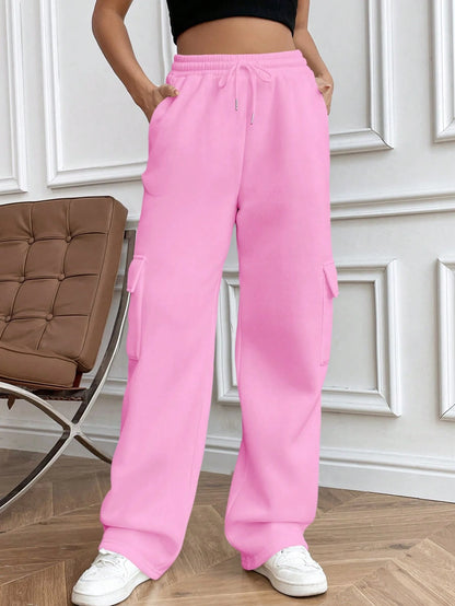 Flirla Flap Pocket Side Drawstring Waist Sweatpants Graduation,Back To School Outfits,Graduation,Teacher Outfits For Women,Back To School Fall Cloth For Women