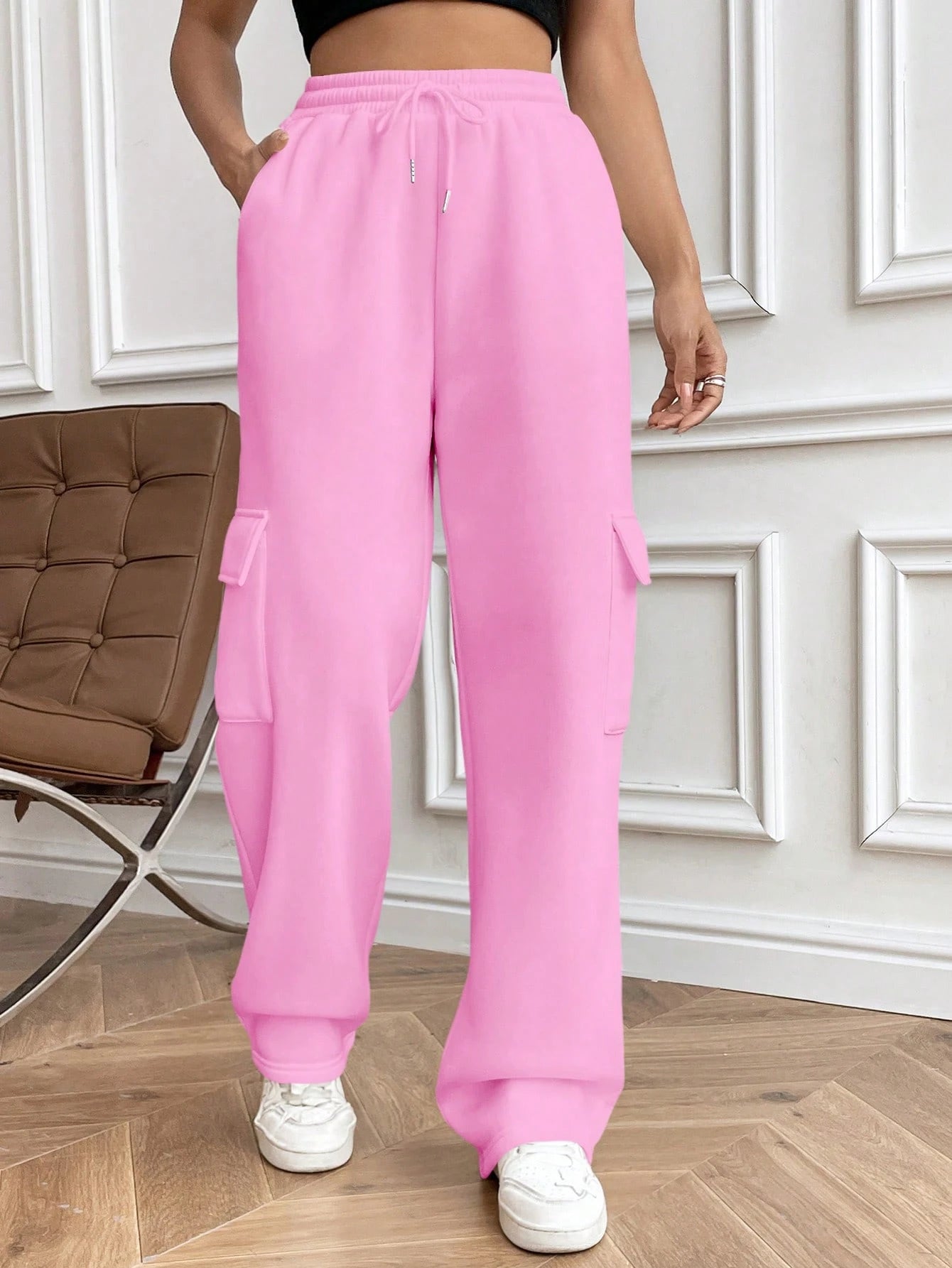 Flirla Flap Pocket Side Drawstring Waist Sweatpants Graduation,Back To School Outfits,Graduation,Teacher Outfits For Women,Back To School Fall Cloth For Women