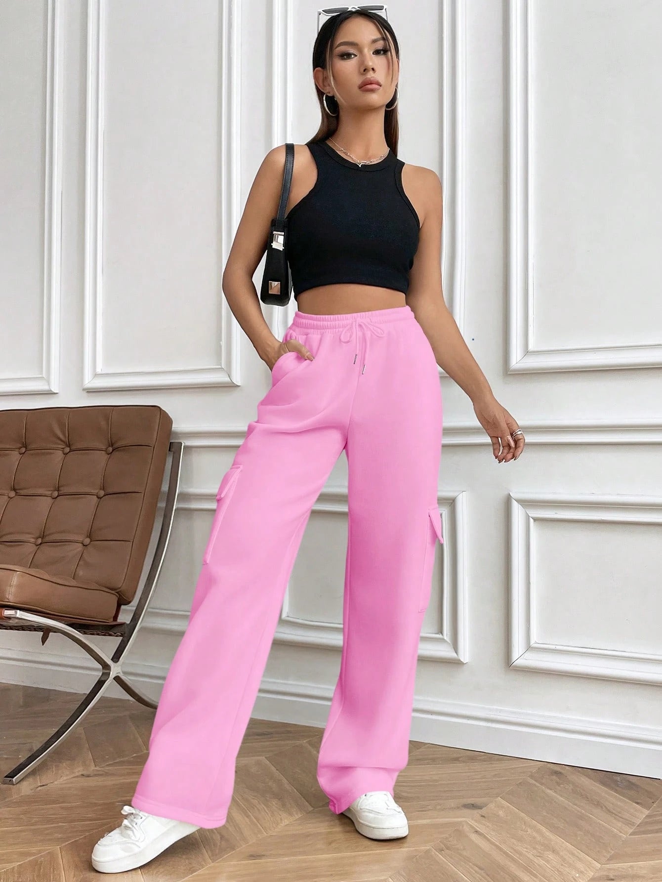 Flirla Flap Pocket Side Drawstring Waist Sweatpants Graduation,Back To School Outfits,Graduation,Teacher Outfits For Women,Back To School Fall Cloth For Women