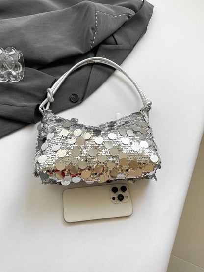 1pc Gold-Tone Glittery Crescent Moon Shape PVC Shoulder Bag For Women