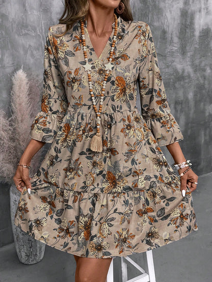 EMERY ROSE Women's Floral Print Cutout V-Neck Ruffled Hem Long Sleeve Mini Dress,Summer Dresses For Women