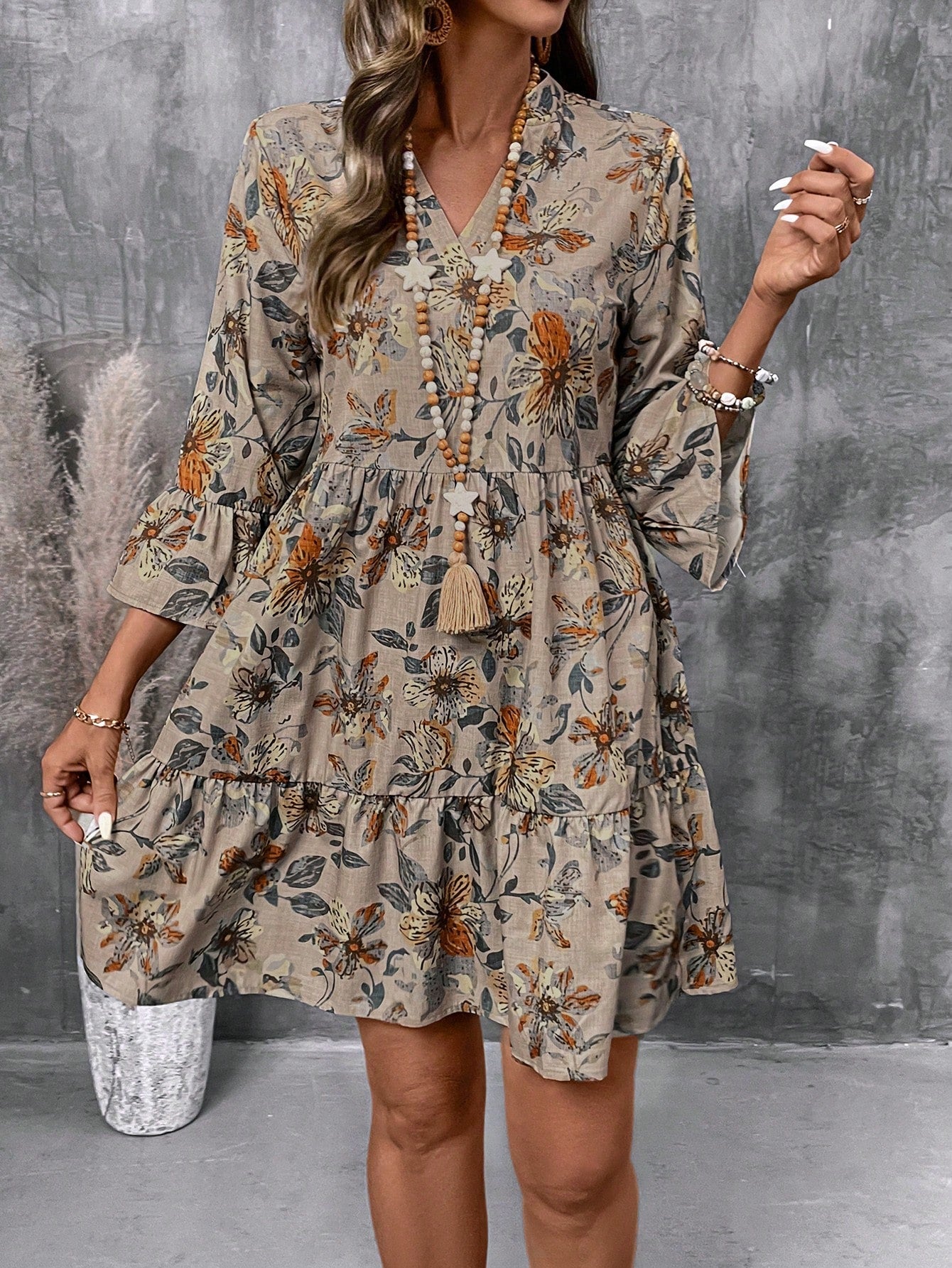 EMERY ROSE Women's Floral Print Cutout V-Neck Ruffled Hem Long Sleeve Mini Dress,Summer Dresses For Women